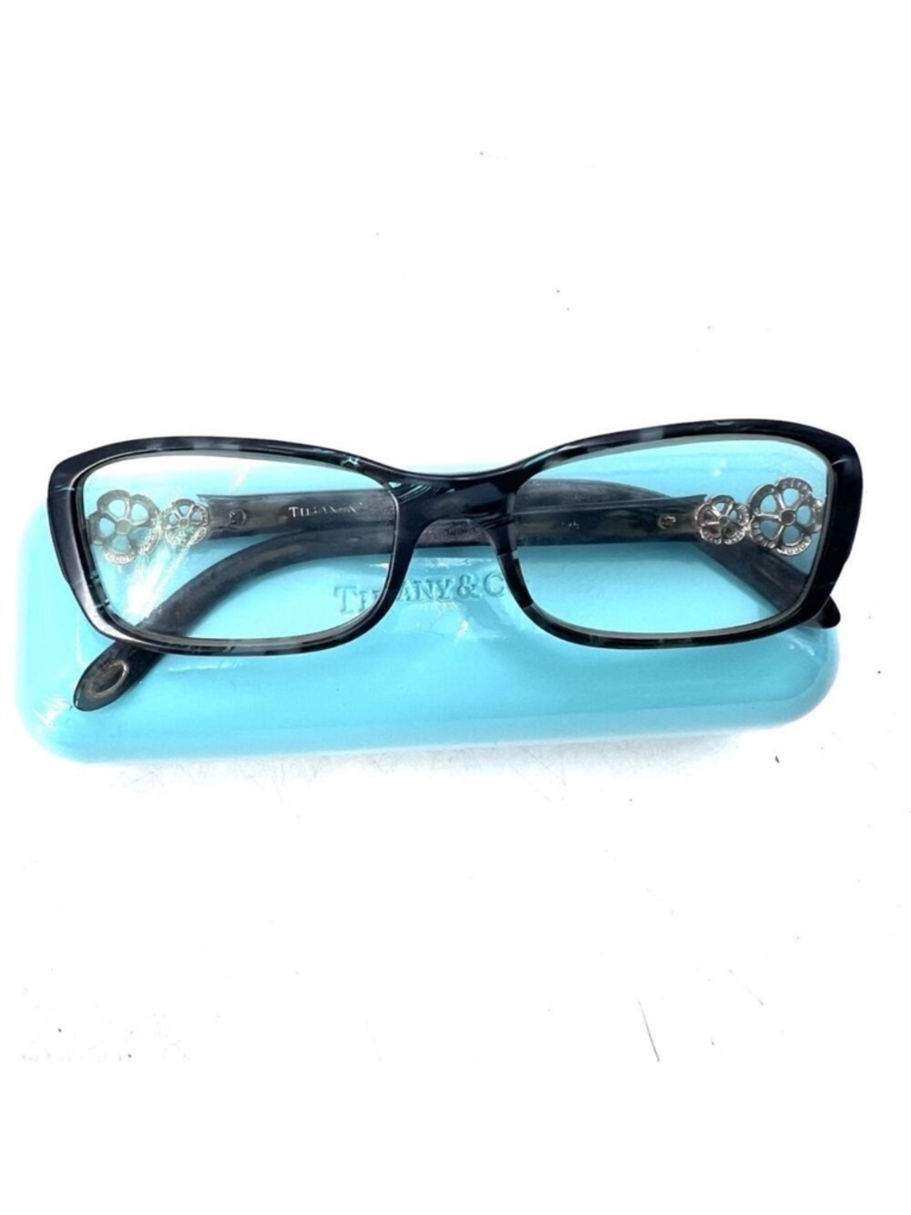 Vintage Tiffany & Co. Black Gray Tortoise /Flowers Eyeglasses & Case
